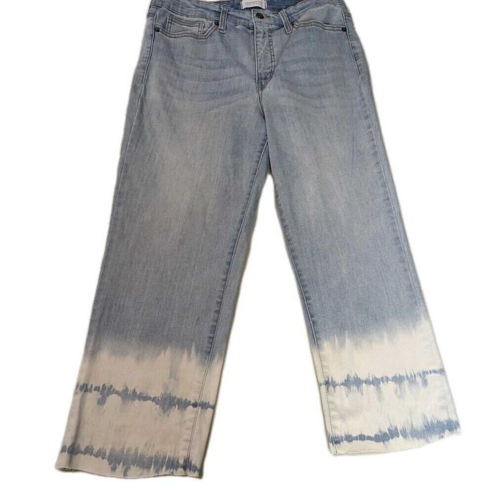 Crown & Ivy High Rise Straight Crop Jeans Dip Dye Tie Dye Raw Hem Light Wash 10R